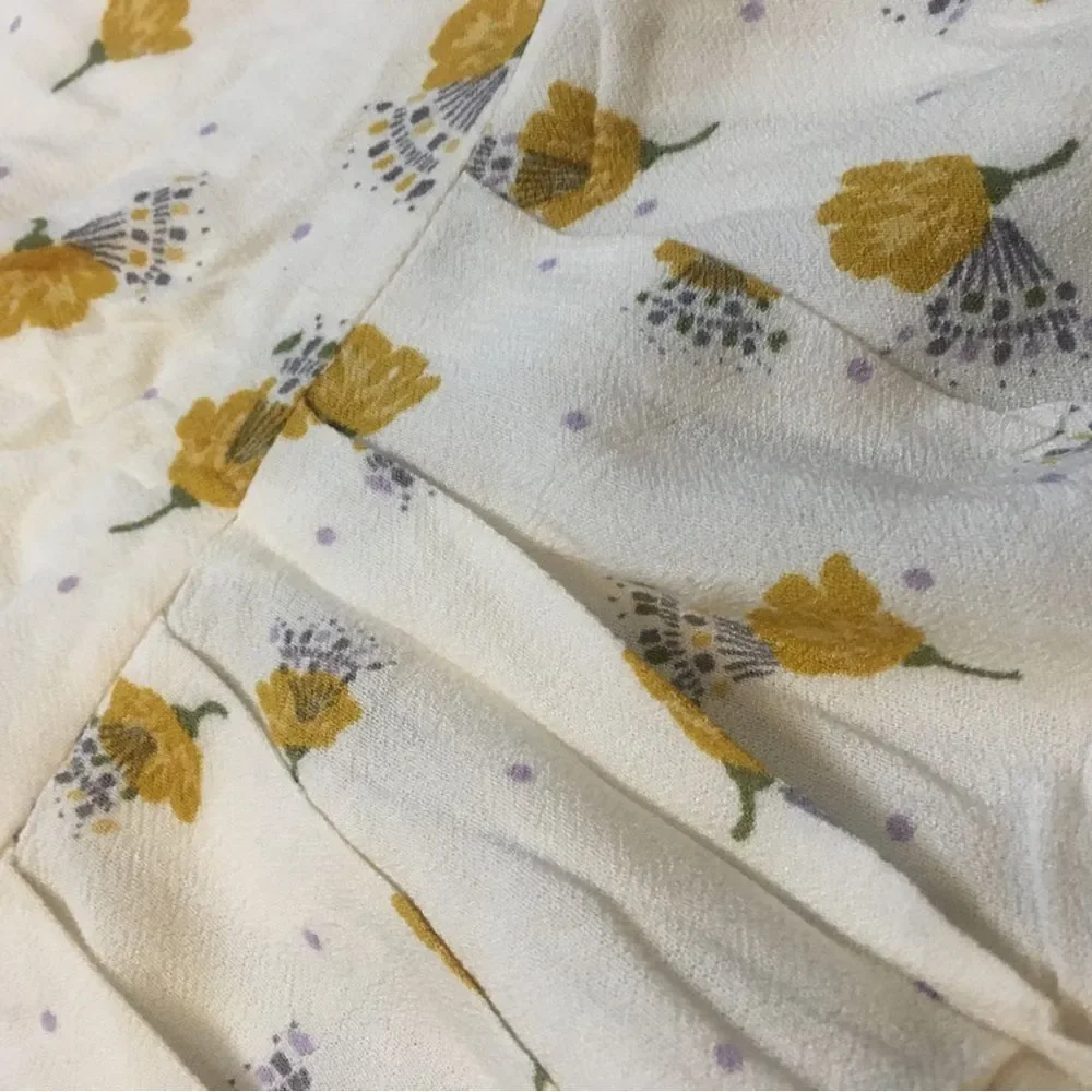 Free People sz 8 off white beige cream yellow floral mini dress long sleeve